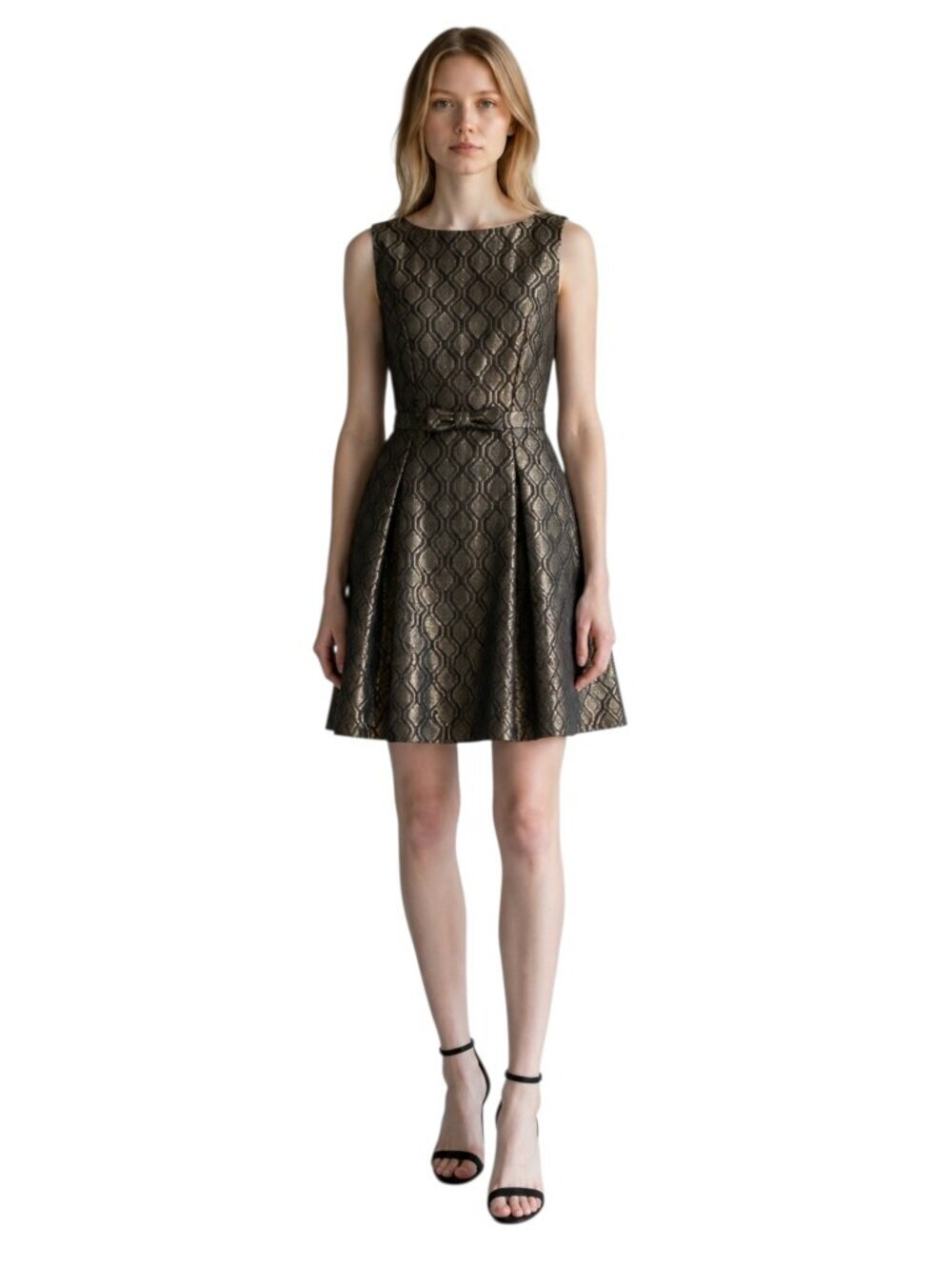 ModCloth Fit and Flare Metallic Black Gold Sleeveless Bow Front Dress